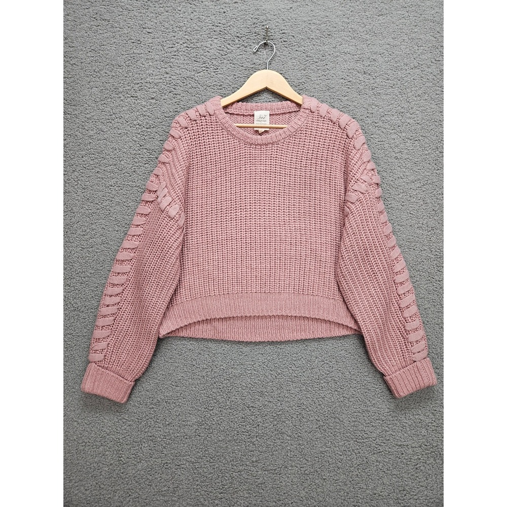 Cinq à Sept Sweater M Pink Ribbed Knit Woven Shoulder Detail Cropped Pullover